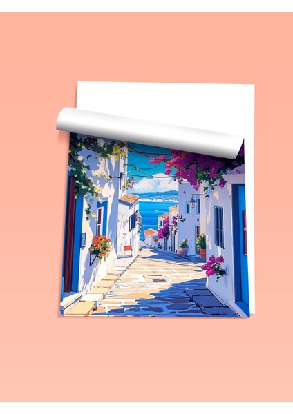 Çerçevesiz Poster, Yunan Adası Sokak Manzarası, Balkon Dekoru Poster No: 111245 fiyatları