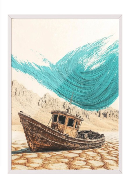Beyaz Çerçeveli Tablo, Deniz Dalgası ve Tekne-Eskitme, Salon Dekoru Poster No: 111148