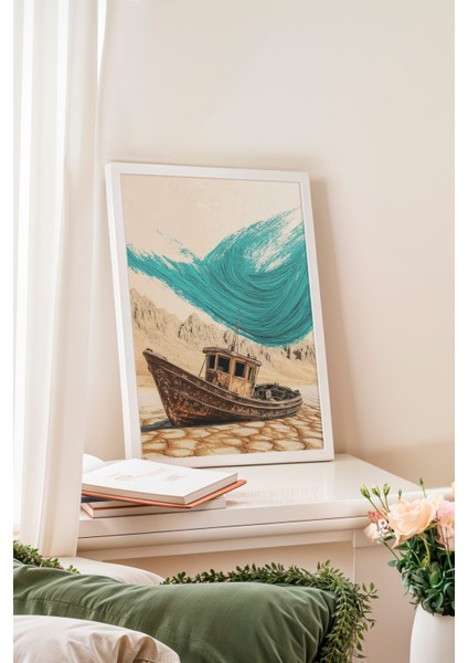Beyaz Çerçeveli Tablo, Deniz Dalgası ve Tekne-Eskitme, Salon Dekoru Poster No: 111148 fiyatları