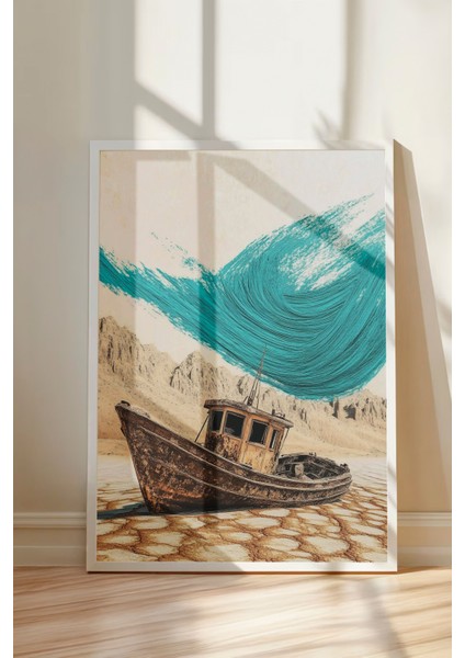 Beyaz Çerçeveli Tablo, Deniz Dalgası ve Tekne-Eskitme, Salon Dekoru Poster No: 111148 modelleri