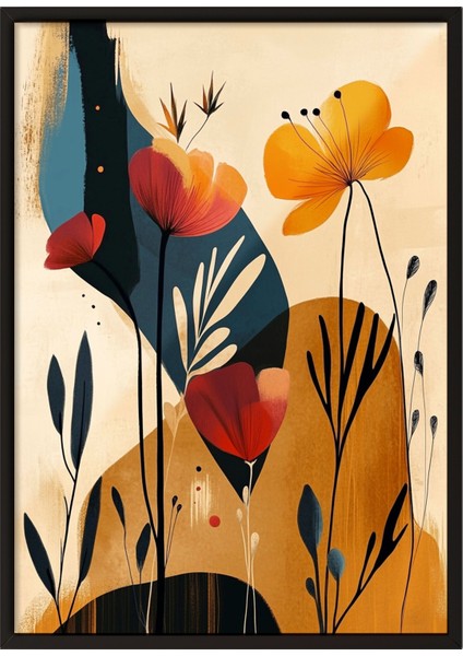 Siyah Çerçeveli Tablo, Sarı Kırmızı Gelincikler, Salon Dekoru Poster No: 111560