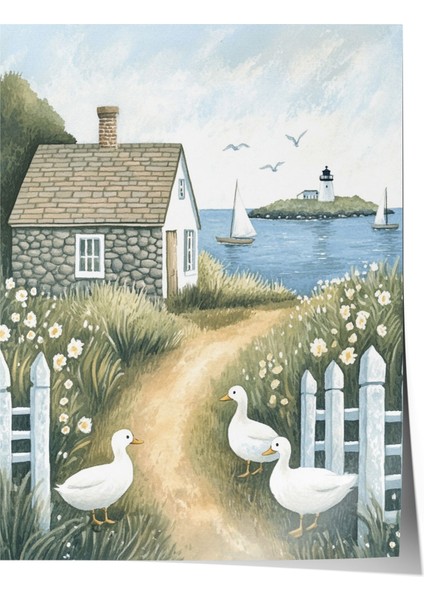 Çerçevesiz Poster, Kırsal Köy Evi Illüstrasyonu, Salon Dekoru Poster No: 111430