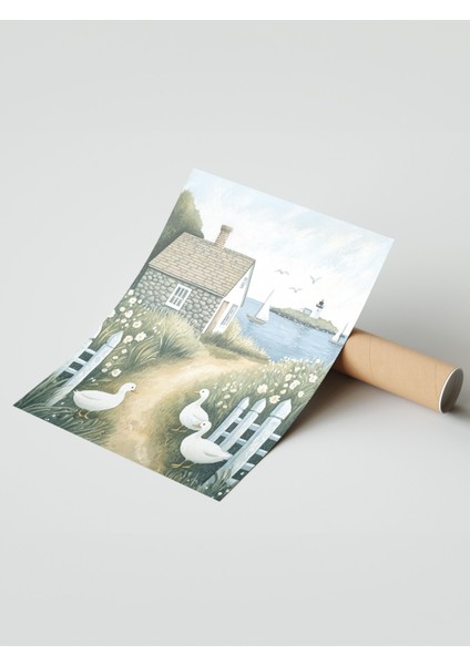 Çerçevesiz Poster, Kırsal Köy Evi Illüstrasyonu, Salon Dekoru Poster No: 111430 modelleri