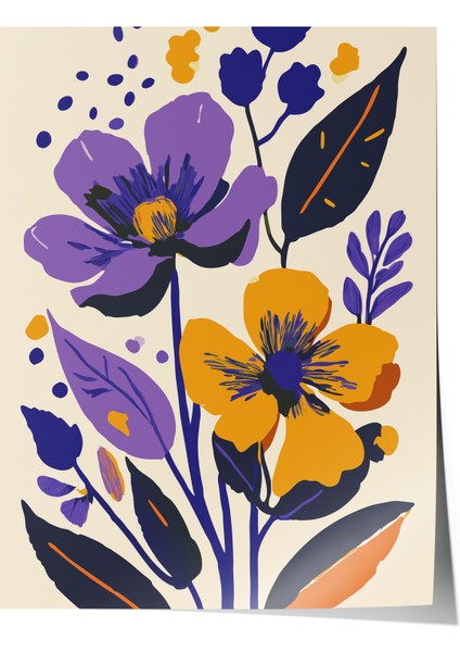 Çerçevesiz Poster, Mor Fonda Çiçek Iillüstrasyonu, Salon Dekoru Poster No: 111760