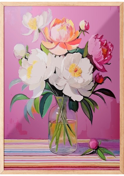 Ahşap Çerçeveli Tablo, Pembe Çiçek Illüstrasyonu, Salon Dekoru Poster No: 111729