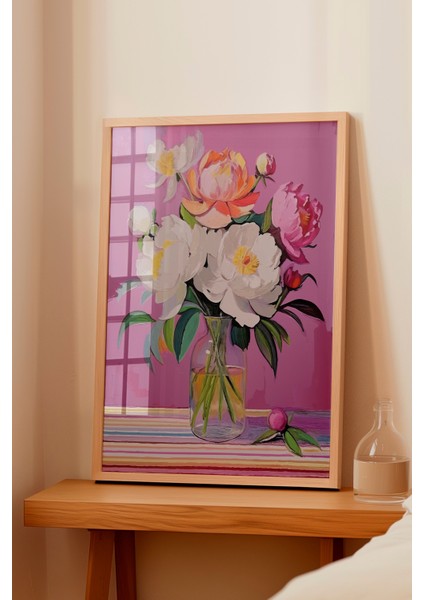 Ahşap Çerçeveli Tablo, Pembe Çiçek Illüstrasyonu, Salon Dekoru Poster No: 111729 fiyatları