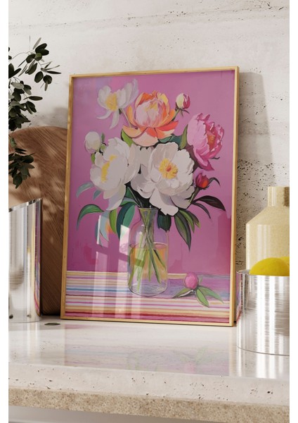 Ahşap Çerçeveli Tablo, Pembe Çiçek Illüstrasyonu, Salon Dekoru Poster No: 111729 fırsatları