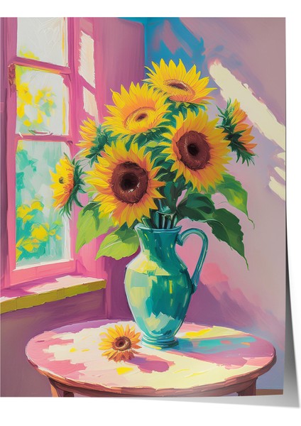 Çerçevesiz Poster, Pencerede Ayçiçekleri , Salon Dekoru Poster No: 111606