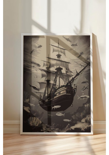 Beyaz Çerçeveli Tablo, Sepya Yelkenli Gemi, Salon Dekoru Poster No: 112306 modelleri