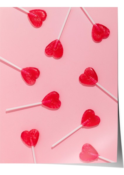 Çerçevesiz Poster, Pembe Fonda Kalp Şekerler , Mutfak Dekoru Poster No: 111857