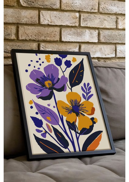 Siyah Çerçeveli Tablo, Mor Fonda Çiçek Iillüstrasyonu, Salon Dekoru Poster No: 111760 indirimleri