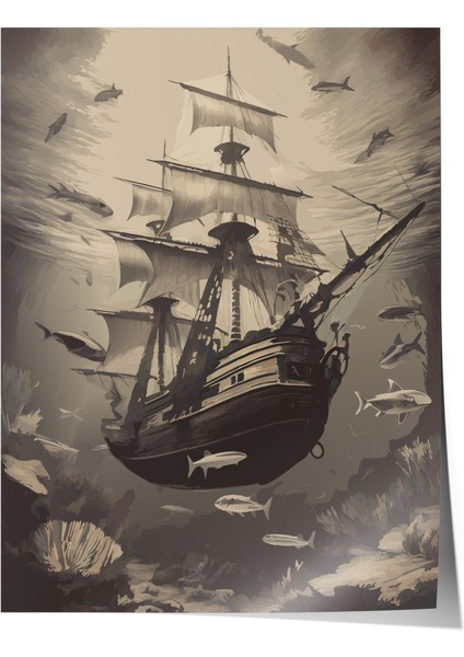 Çerçevesiz Poster, Sepya Yelkenli Gemi, Salon Dekoru Poster No: 112306