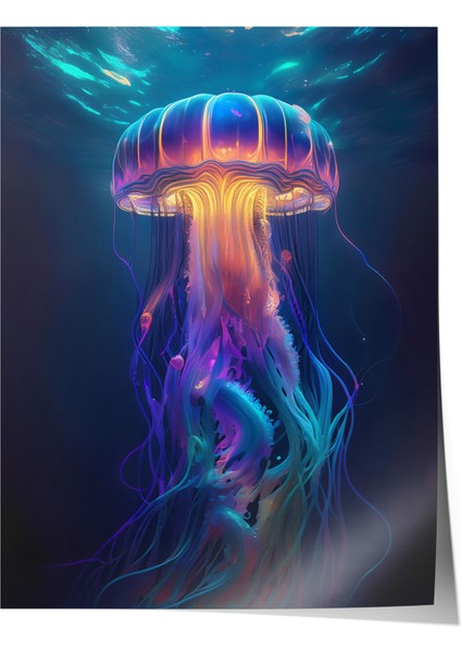 Çerçevesiz Poster, Mor Mavi Neon Denizanası, Salon Dekoru Poster No: 112305