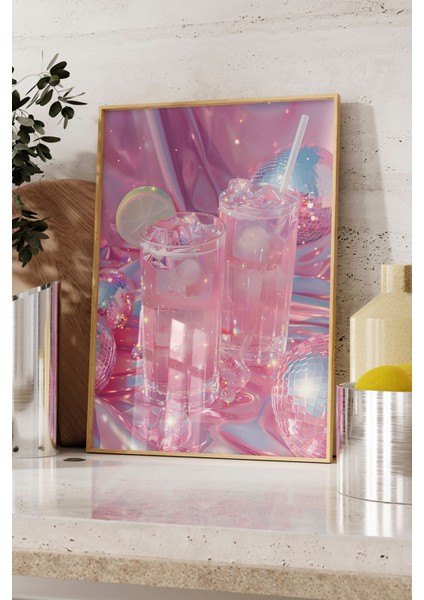 Ahşap Çerçeveli Tablo, Pembe Içecek Bardakları, Mutfak Dekoru Poster No: 112002 fırsatları