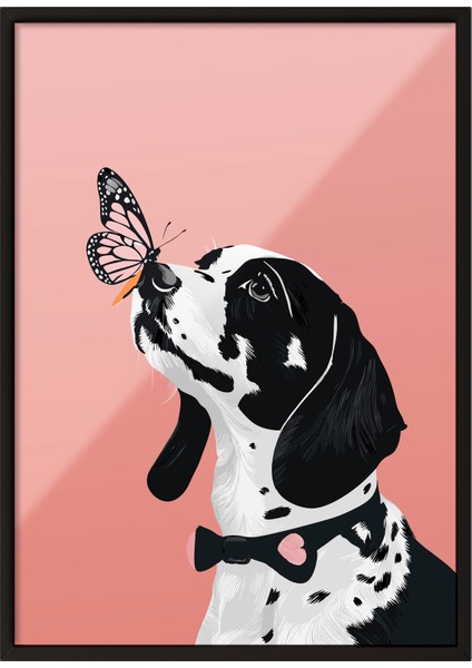 Siyah Çerçeveli Tablo, Siyah Beyaz Köpek ve Kelebek, Çocuk Odası Dekoru Poster No: 112221