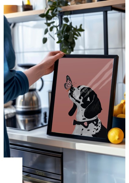 Siyah Çerçeveli Tablo, Siyah Beyaz Köpek ve Kelebek, Çocuk Odası Dekoru Poster No: 112221 modelleri