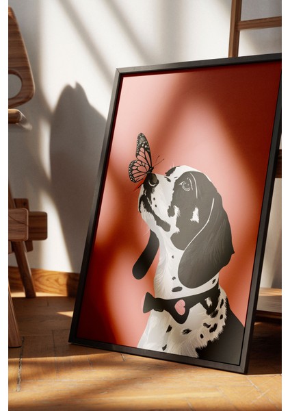 Siyah Çerçeveli Tablo, Siyah Beyaz Köpek ve Kelebek, Çocuk Odası Dekoru Poster No: 112221 fırsatları