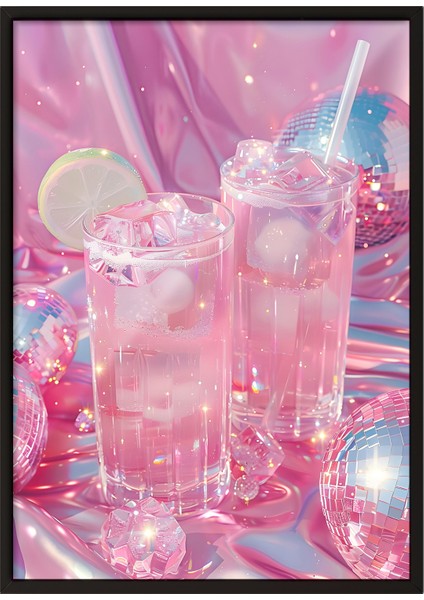 Siyah Çerçeveli Tablo, Pembe Içecek Bardakları, Mutfak Dekoru Poster No: 112002