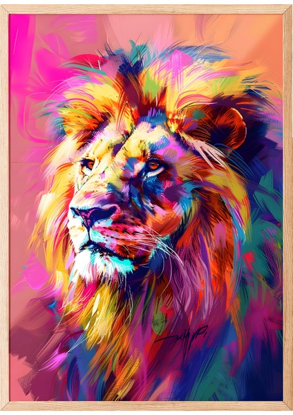 Ahşap Çerçeveli Tablo, Renkli Aslan Portre, Salon Dekoru Poster No: 111941