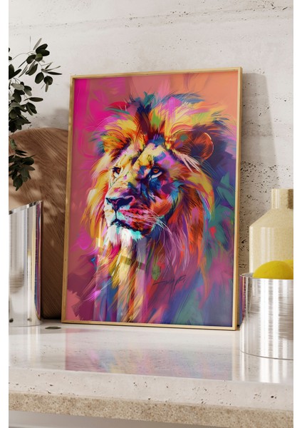 Ahşap Çerçeveli Tablo, Renkli Aslan Portre, Salon Dekoru Poster No: 111941 fırsatları