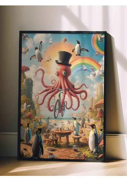 Siyah Çerçeveli Tablo, Mizahi Ahtapot Illüstrasyonu, Çocuk Odası Dekoru Poster No: 111306 fiyatları