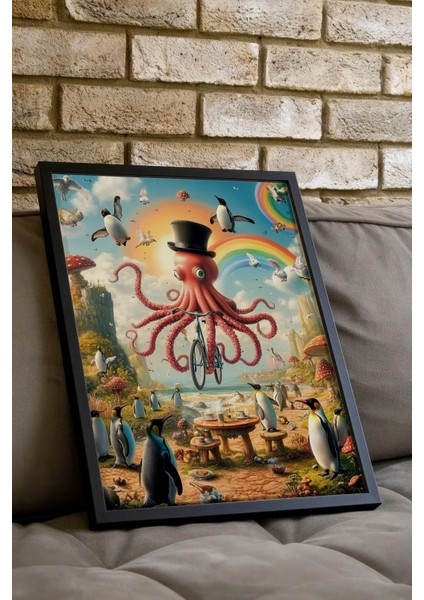 Siyah Çerçeveli Tablo, Mizahi Ahtapot Illüstrasyonu, Çocuk Odası Dekoru Poster No: 111306 indirimleri