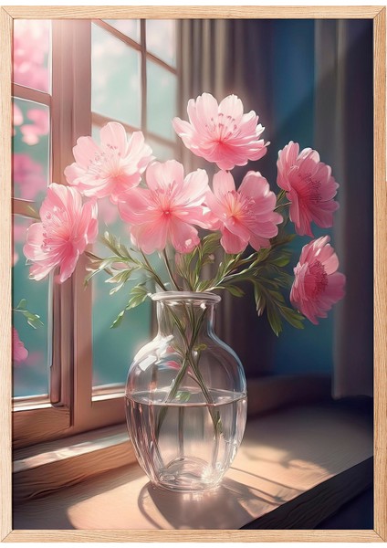 Ahşap Çerçeveli Tablo, Vazoda Pembe Çiçekler, Salon Dekoru Poster No: 111633
