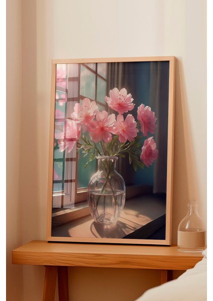 Ahşap Çerçeveli Tablo, Vazoda Pembe Çiçekler, Salon Dekoru Poster No: 111633 fiyatları