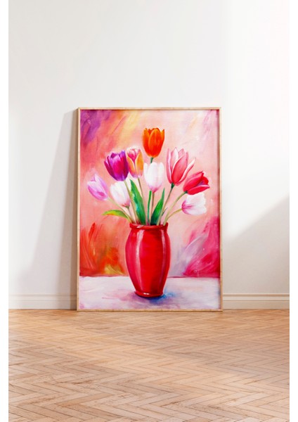 Ahşap Çerçeveli Tablo, Kırmızı Vazoda Laleler, Salon Dekoru Poster No: 111773 modelleri