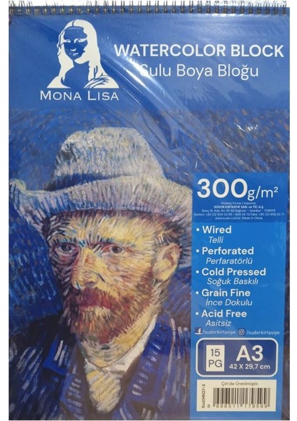 A3 Suluboya Resim Defteri, Spiralli, 300 Gr, Üstten Açık, 15 Sayfa, Tek Adet