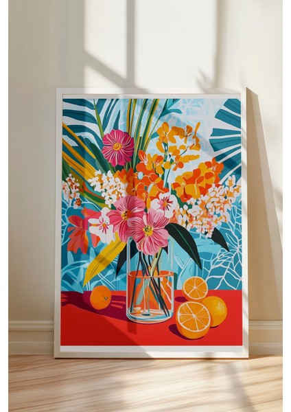 Beyaz Çerçeveli Tablo, Tropikal Meyveli Çiçek Deseni, Salon Dekoru Poster No: 111298 modelleri