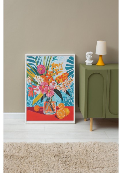 Beyaz Çerçeveli Tablo, Tropikal Meyveli Çiçek Deseni, Salon Dekoru Poster No: 111298 fırsatları