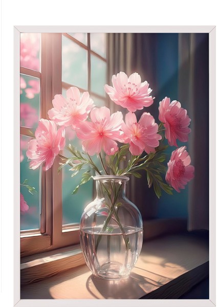 Beyaz Çerçeveli Tablo, Vazoda Pembe Çiçekler, Salon Dekoru Poster No: 111633