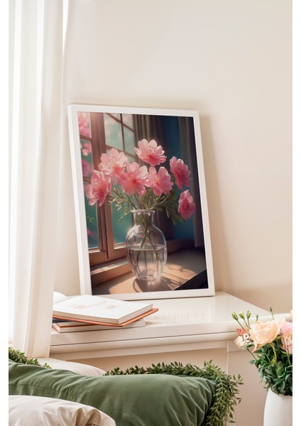 Beyaz Çerçeveli Tablo, Vazoda Pembe Çiçekler, Salon Dekoru Poster No: 111633 fiyatları