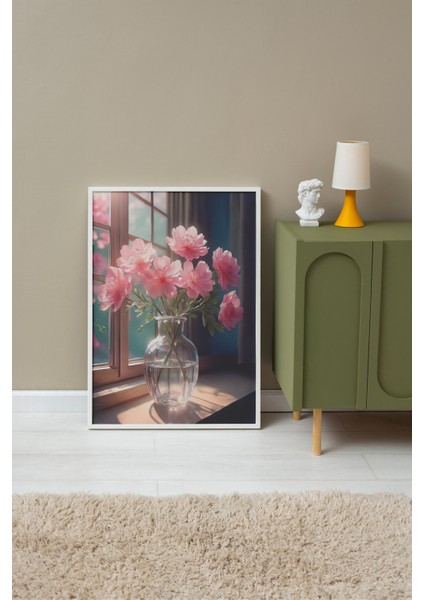 Beyaz Çerçeveli Tablo, Vazoda Pembe Çiçekler, Salon Dekoru Poster No: 111633 fırsatları
