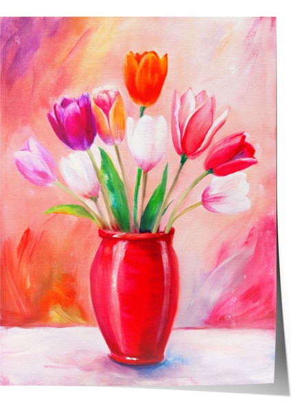 Çerçevesiz Poster, Kırmızı Vazoda Laleler, Salon Dekoru Poster No: 111773