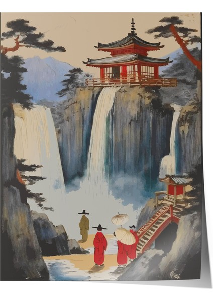 Çerçevesiz Poster, Şelale ve Tapınak Manzarası, Salon Dekoru Poster No: 112356