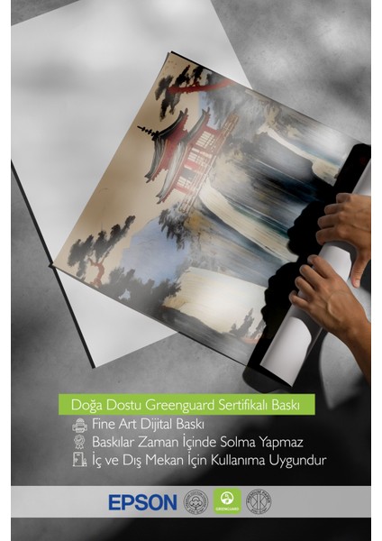 Çerçevesiz Poster, Şelale ve Tapınak Manzarası, Salon Dekoru Poster No: 112356