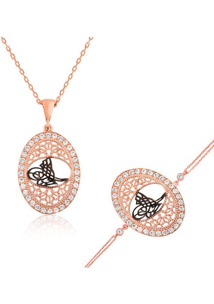 Osmanlı Tugrası Zirkon Taş 925 Ayar Gümüş Kadın Set