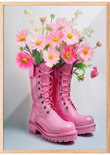 Ahşap Çerçeveli Tablo, Pembe Çizmeli Çiçek, Salon Dekoru Poster No: 111630