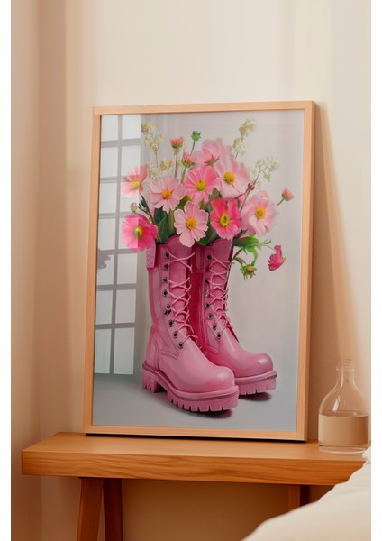 Ahşap Çerçeveli Tablo, Pembe Çizmeli Çiçek, Salon Dekoru Poster No: 111630 fiyatları