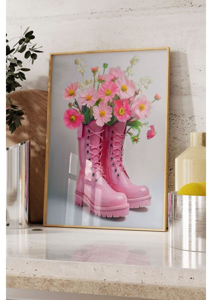 Ahşap Çerçeveli Tablo, Pembe Çizmeli Çiçek, Salon Dekoru Poster No: 111630 fırsatları