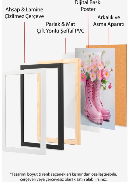 Ahşap Çerçeveli Tablo, Pembe Çizmeli Çiçek, Salon Dekoru Poster No: 111630