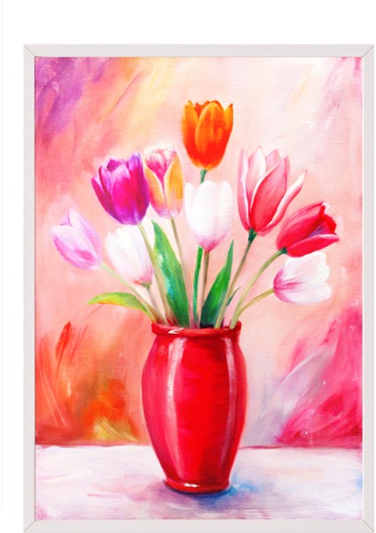 Beyaz Çerçeveli Tablo, Kırmızı Vazoda Laleler, Salon Dekoru Poster No: 111773