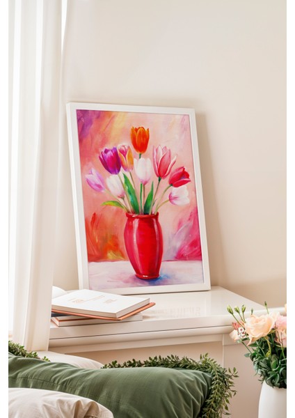 Beyaz Çerçeveli Tablo, Kırmızı Vazoda Laleler, Salon Dekoru Poster No: 111773 fiyatları