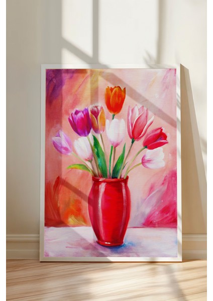 Beyaz Çerçeveli Tablo, Kırmızı Vazoda Laleler, Salon Dekoru Poster No: 111773 modelleri
