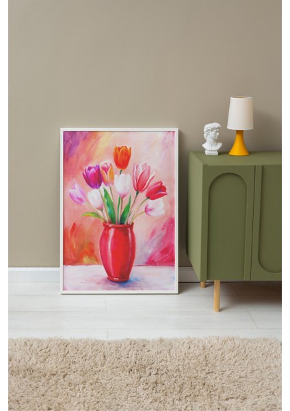 Beyaz Çerçeveli Tablo, Kırmızı Vazoda Laleler, Salon Dekoru Poster No: 111773 fırsatları