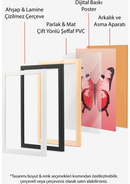 Siyah Çerçeveli Tablo, Çift Kırmızı Kelebek, Yatak Odası Dekoru Poster No: 112238