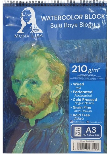 A3 Üstten Spiralli Suluboya Resim Defteri, 210 Gr, 20 Yaprak, 1 Adet