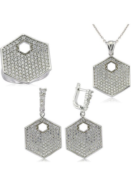 Altıgen Zirkon Taş 925 Ayar Gümüş Kadın Set